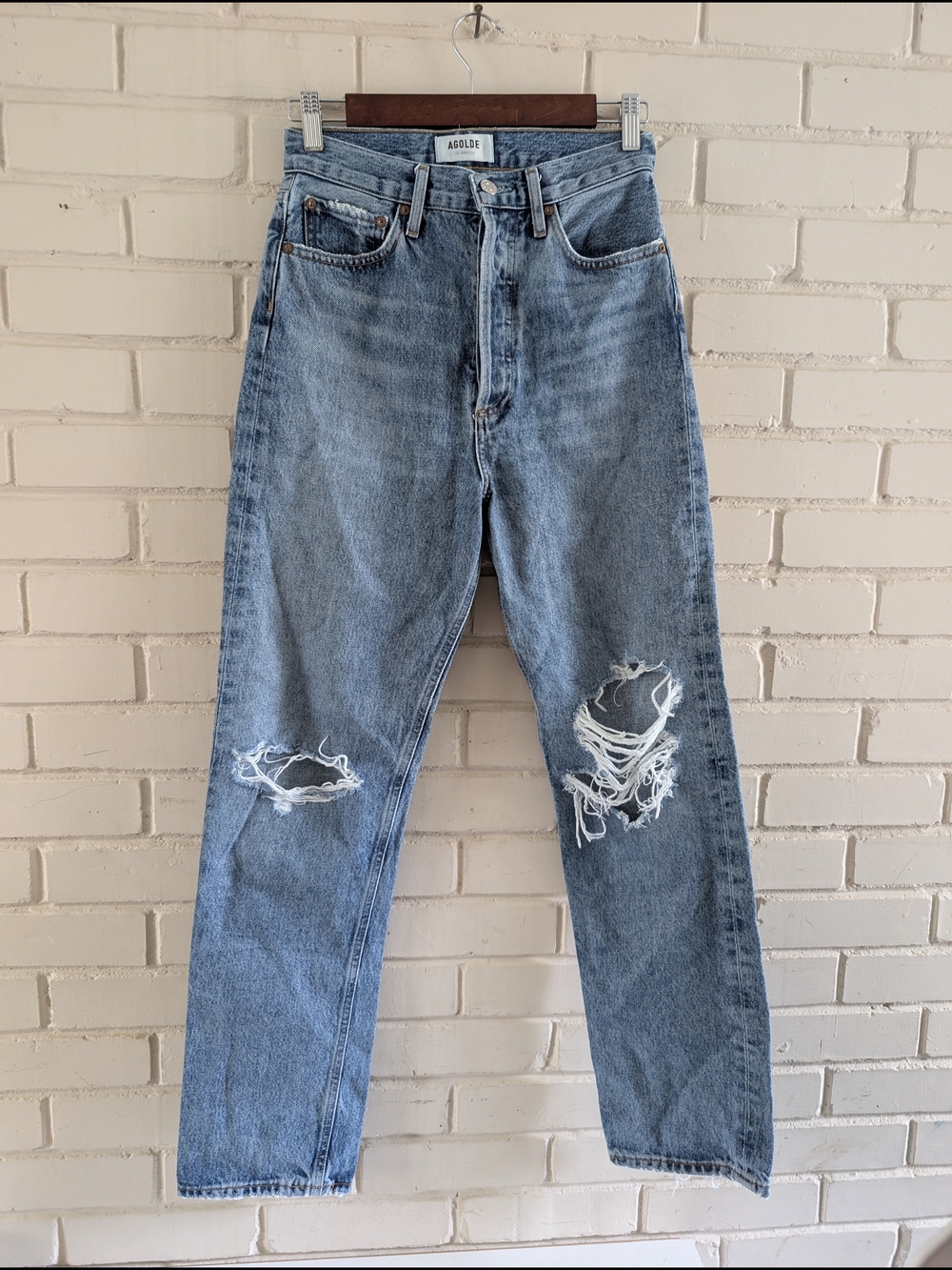 AGOLDE Women's 25 90s Pinch Waist In Backdrop Distressed Button Fly Blue Jeans